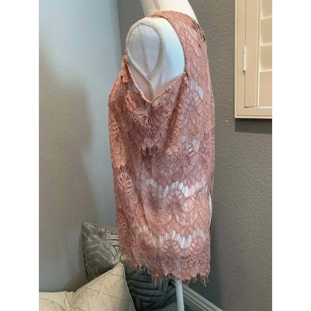 INNY Dusty Rose Lace Top Cold Shoulders Split Back Zipper Size XL - Picture 5 of 6